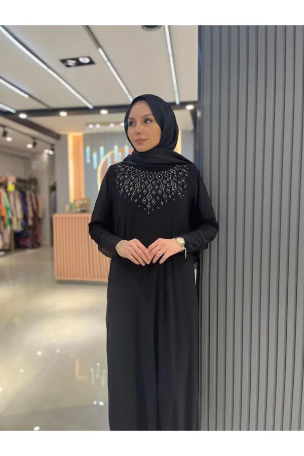 Kadın Sandy Taş Detaylı Siyah Tesettür Elbise