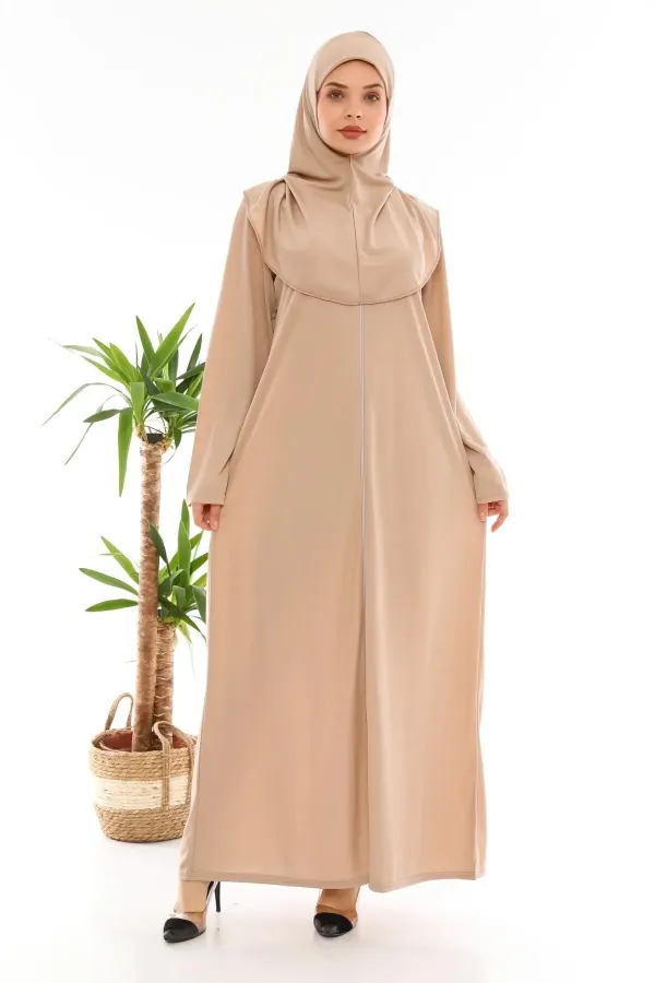 Fermuarlı Tek Parça Namaz Elbisesi Vizon