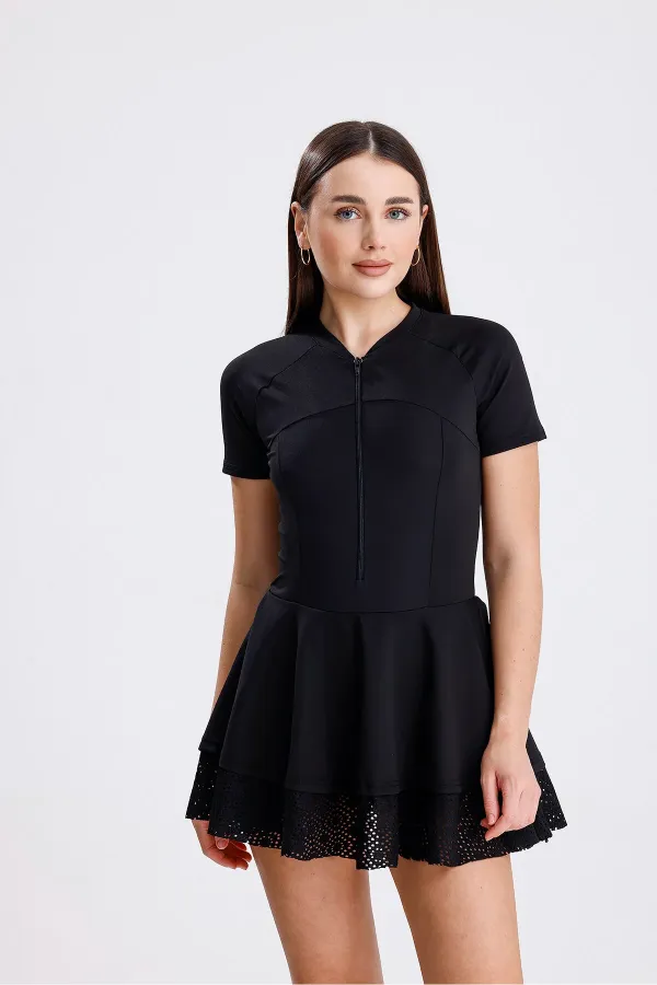 Eteği Dantelli Fermuarlı Tulum Mayo