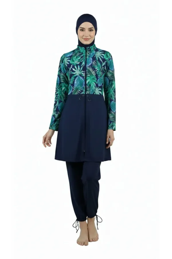 Water-repellent parachute modest swimsuit, green.