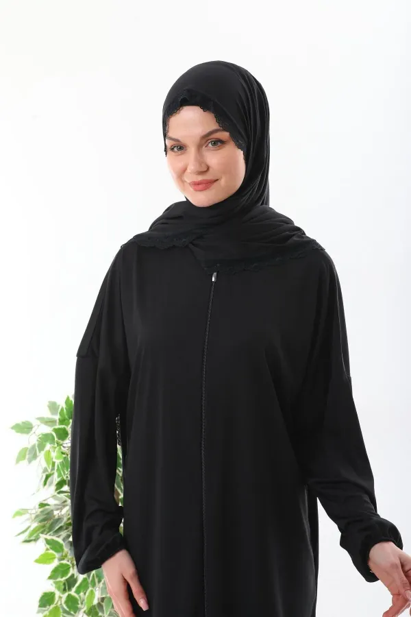 dantelli başörtülü fermuarlı bilekleri lastikli kayma yapmaz namaz elbisesi