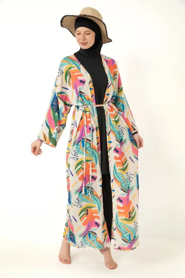 Tesettür Mayo üzerine Desenli Pareo Kimono Kaftan