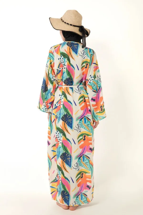 Tesettür Mayo üzerine Desenli Pareo Kimono Kaftan