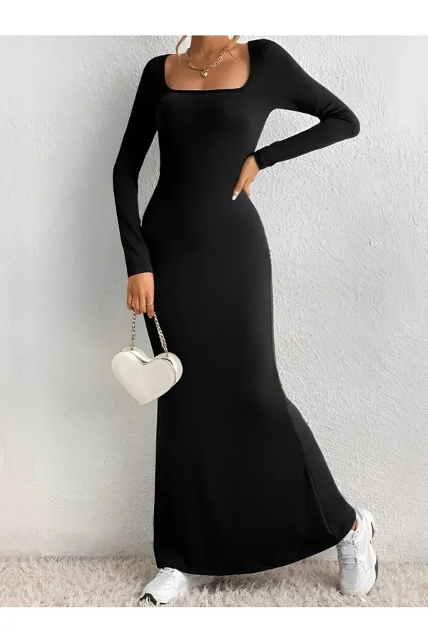 Kare Yaka Siyah Uzun Kollu Vücuda Oturan Likralı Özel Kumaş Maxi Elbise