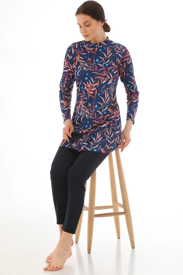 Tam Kapalı Likralı Tesettür Mayo Lacivert Desen