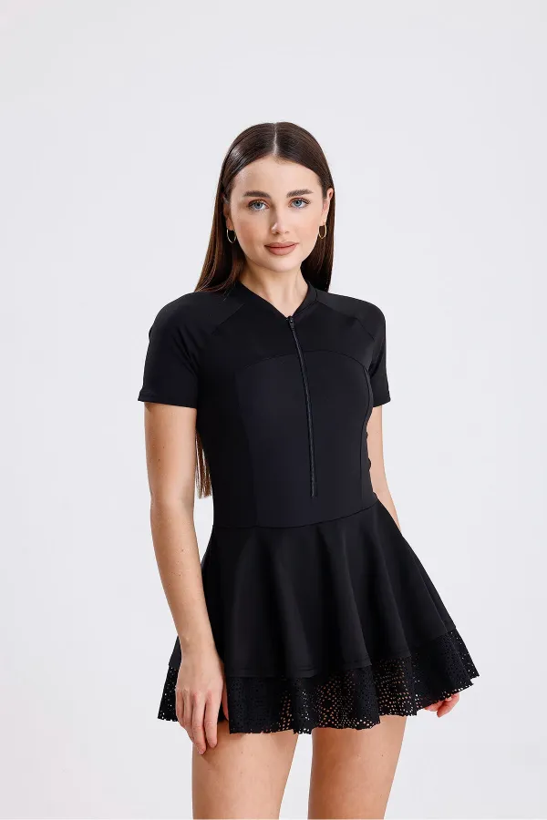 Eteği Dantelli Fermuarlı Tulum Mayo