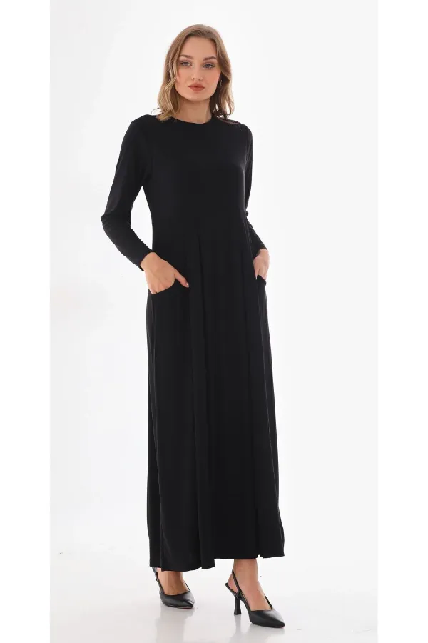 Elegant Hijab Dress, Full-Length Pleated Dress, Black