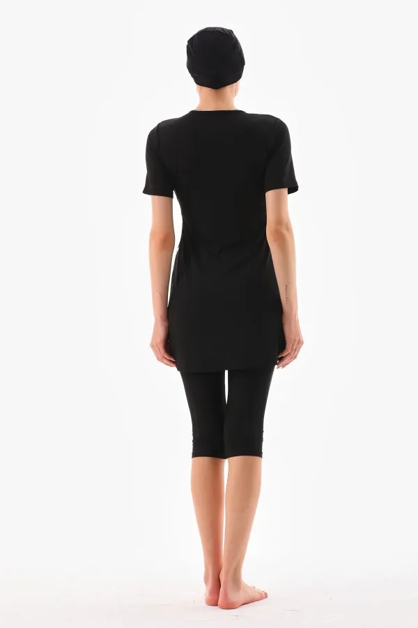 Likralı Yarı Kapalı Tesettür Mayo Siyah Beyaz Desenli