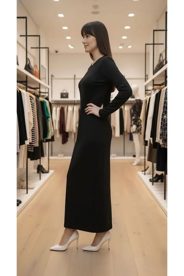 Likralı Uzun Kollu Bisiklet Yaka Viskon Elbise