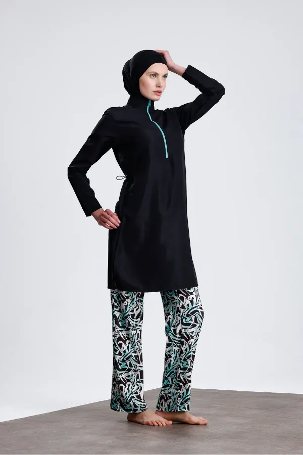 Paraşüt Kumaş Fermuarlı Tesettür Mayo Desenli Likralı Pantolonlu Su İticili
