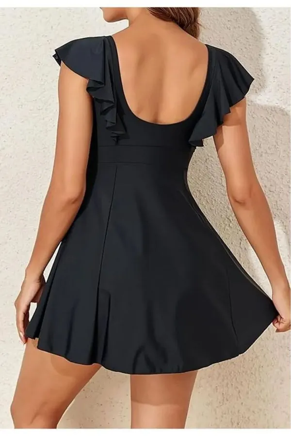 Tek Parça Birleşik Slipli Volanlı Omuzlu Elbise Mayo