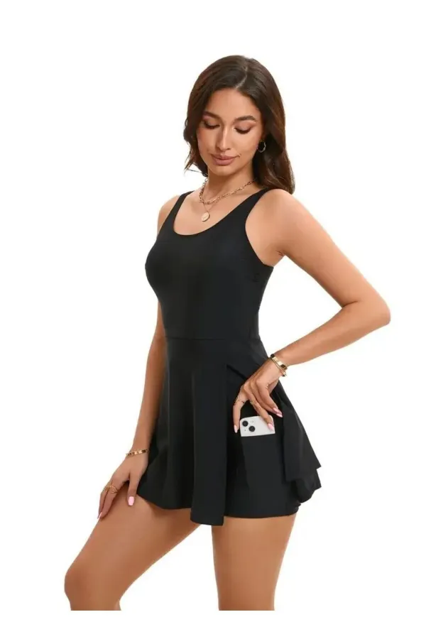 Short combiné en lycra, jupe fendue, maillot de bain à poches