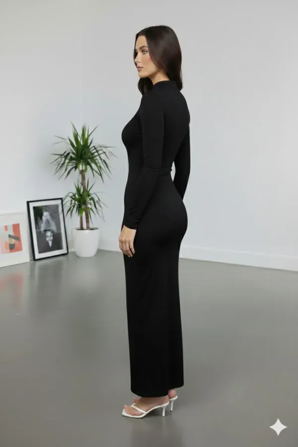 Uzun Kollu Vücuda Oturan Likralı Kumaş Maxi Tesettür Elbise Siyah