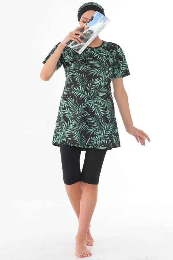 Semi-Closed Lycra Patterned Hijab Swimsuit Green Leaf