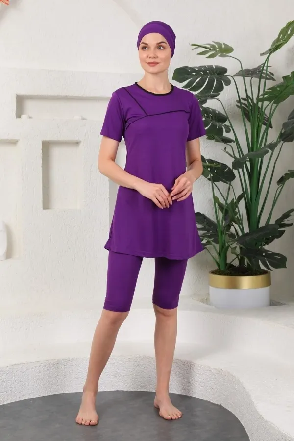 Maillot de bain hijab semi-fermé à bordure noire, couleur violette