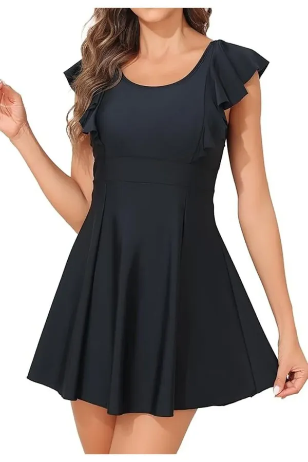 Tek Parça Birleşik Şortlu Volanlı Omuzlu Elbise Mayo