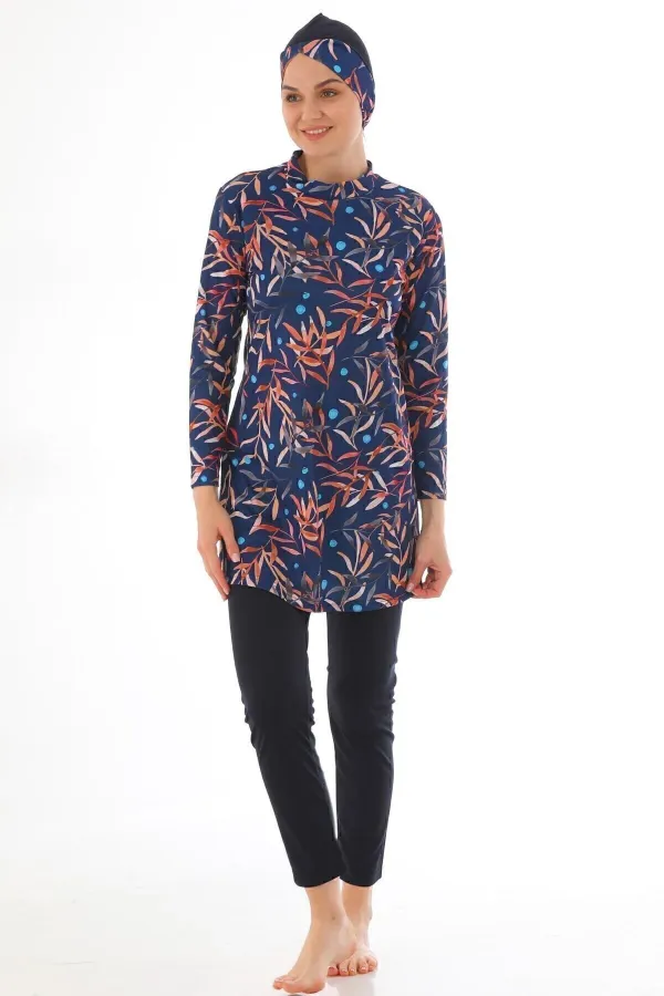 Tam Kapalı Likralı Tesettür Mayo Lacivert Desen