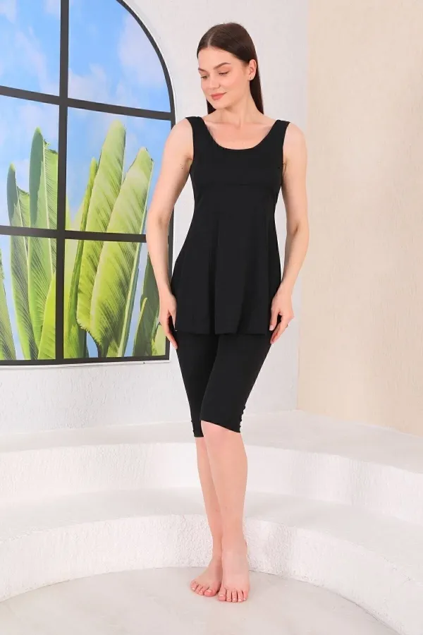 Askılı Taytlı Yarı Kapalı Elbise Parçalı Mayo Siyah