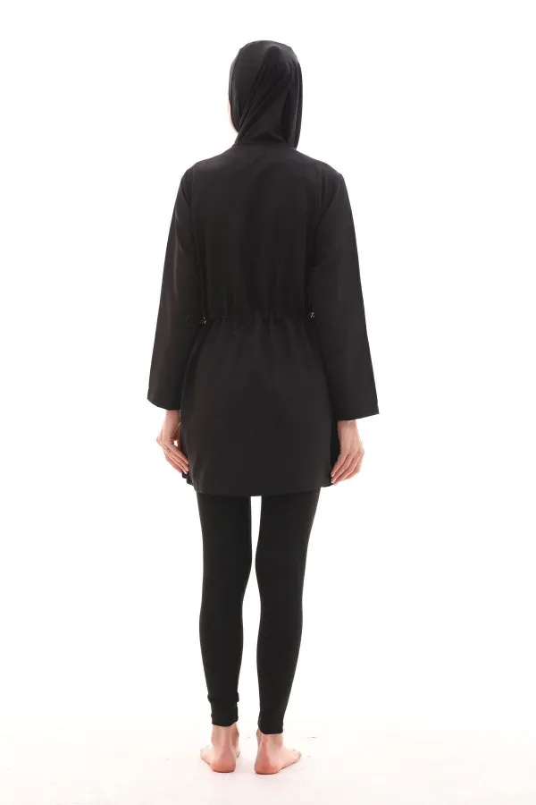 Ensemble 4 pièces : maillot de bain intégral imperméable effet parachute avec legging et bonnet double.