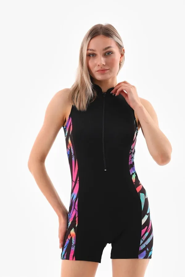 Maillot de bain femme avec short rembourré zippé, rose et bleu, pour la mer/piscine