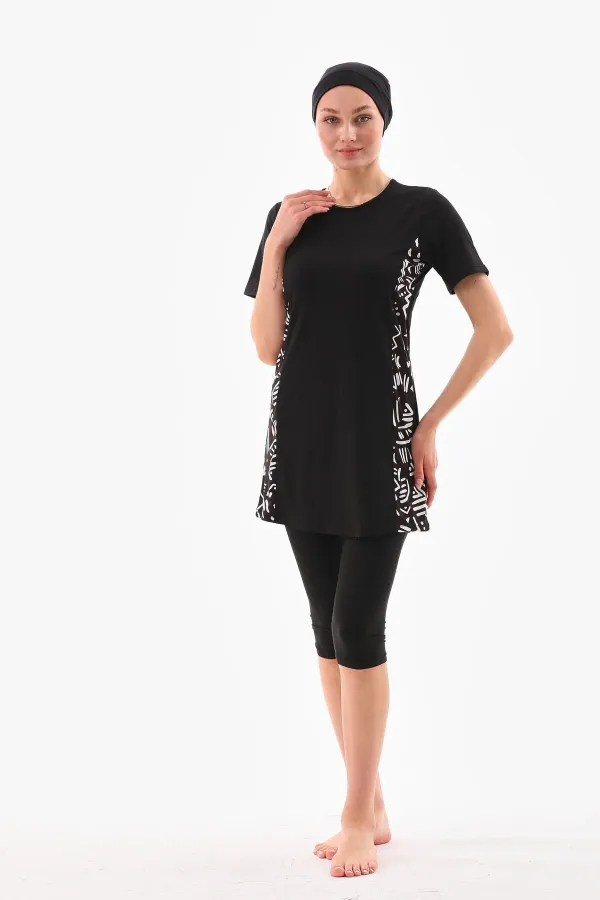 Likralı Yarı Kapalı Tesettür Mayo Siyah Beyaz Desenli