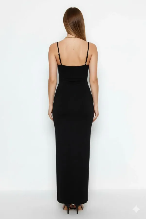 Ayarlanabilir Askılı Vücuda Oturan Maxi Elbise Siyah