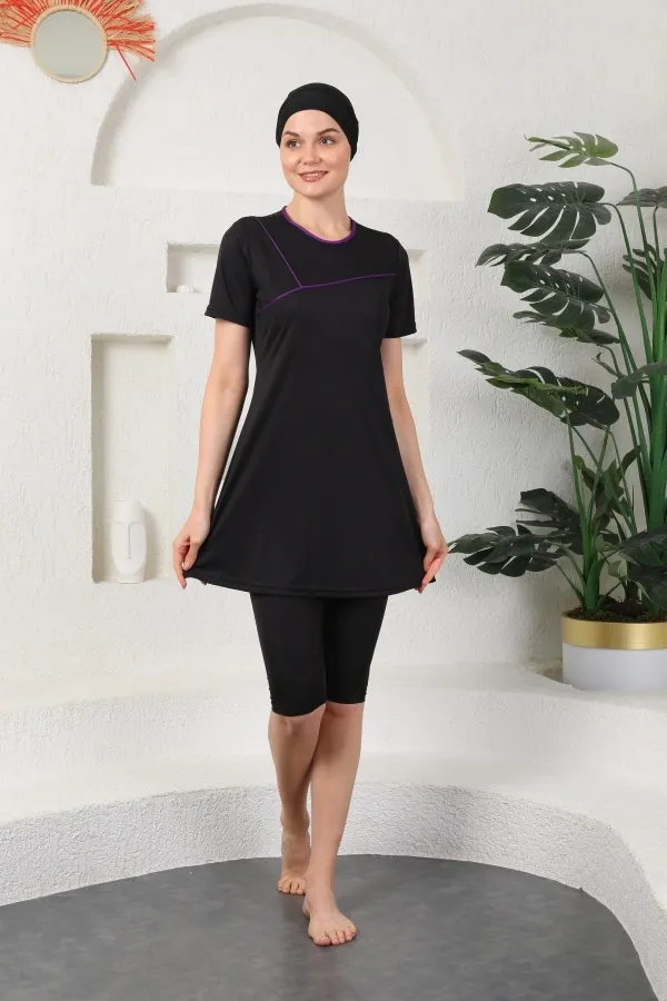 Mor Biyeli Likralı Yarı Kapalı Tesettür Mayo Siyah