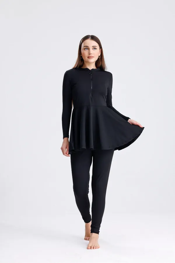 Semi-Closed Zip-Up Hijab Swimsuit with Leggings