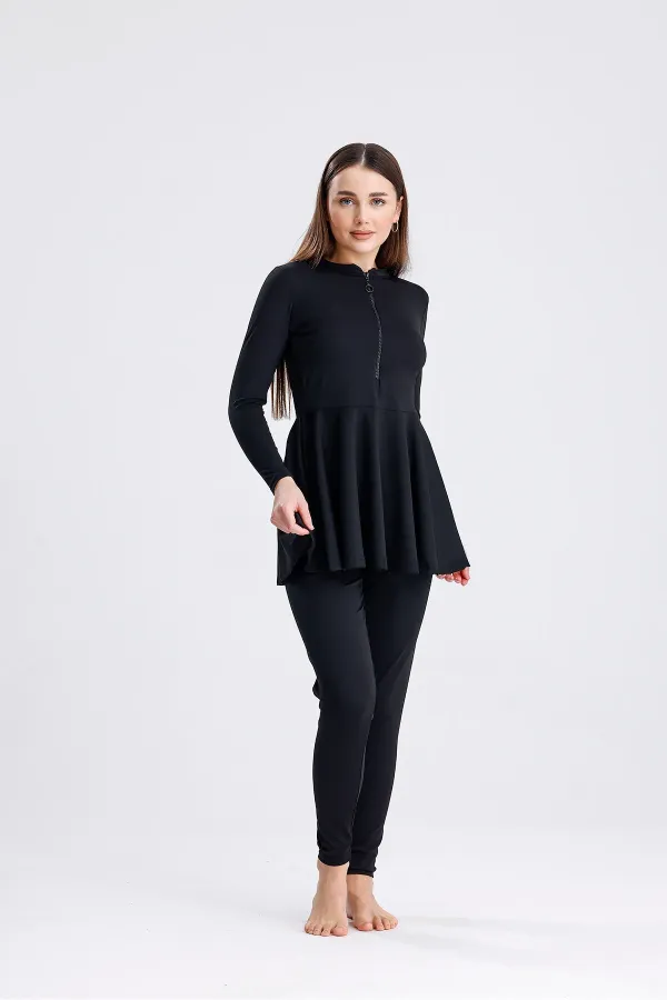 Semi-Closed Zip-Up Hijab Swimsuit with Leggings