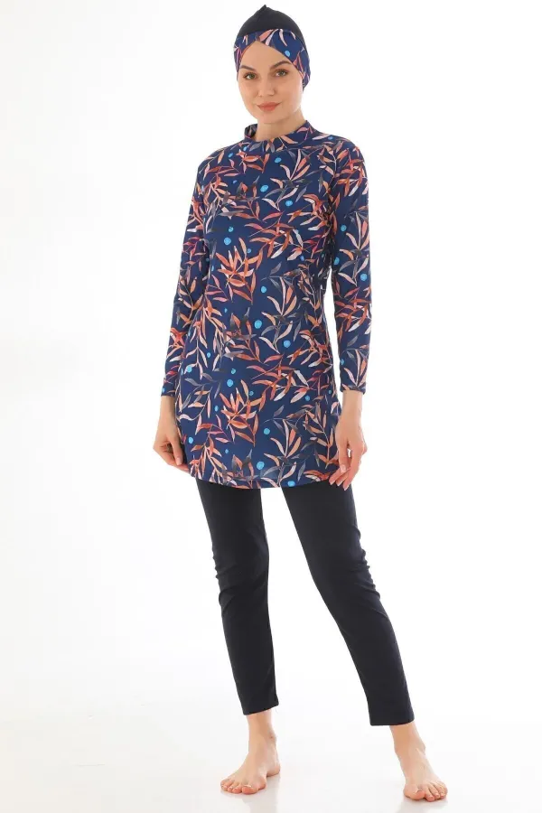 Tam Kapalı Likralı Tesettür Mayo Lacivert Desen