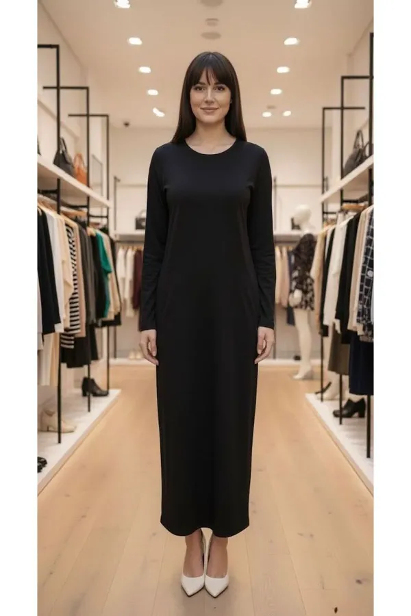 Likralı Uzun Kollu Bisiklet Yaka Viskon Elbise