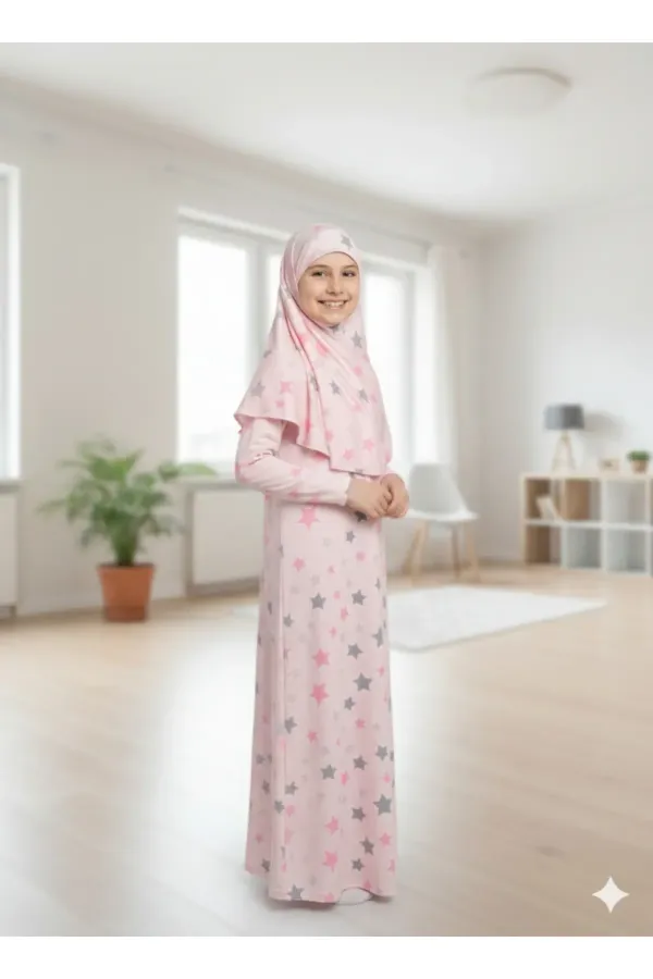Kız Çocuk Desenli Namaz Elbisesi Likralı Esnek Baskılı Kumaş