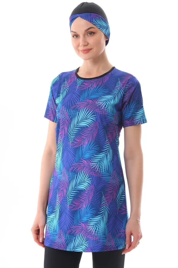 Likralı Yarı Kapalı Desenli Tesettür Mayo Mavi