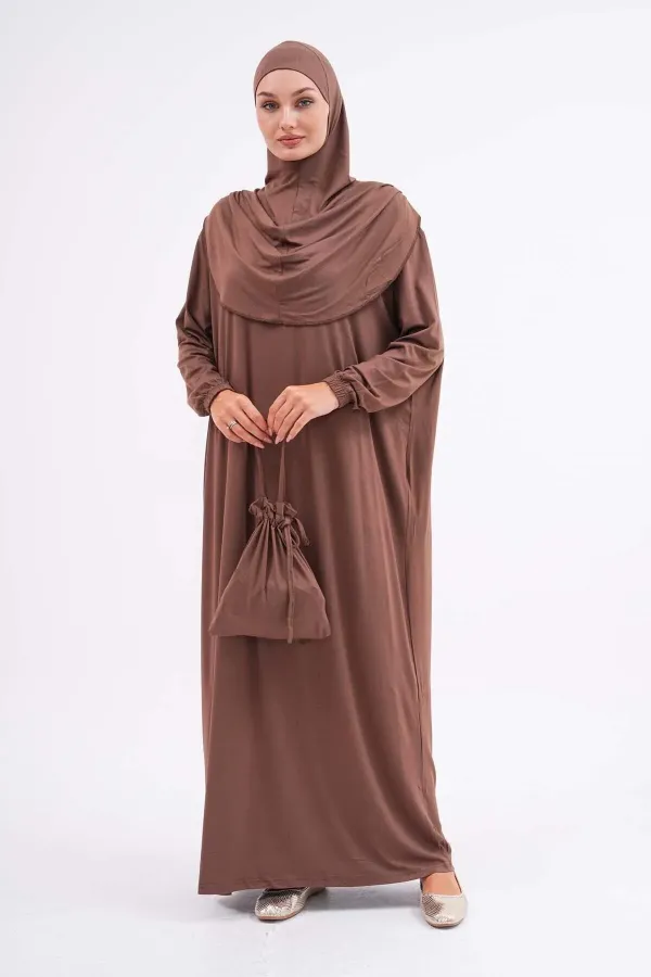 Pamuklu Çantalı Namaz Elbisesi Bilekleri Lastikli Tesettür Elbise