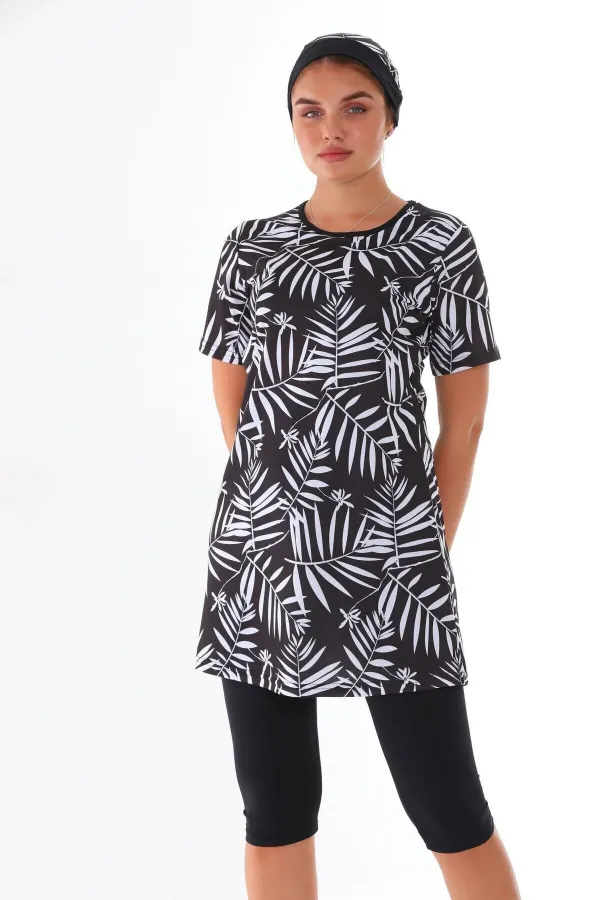 Lycra Semi-Closed Patterned Hijab Swimsuit White Leaf