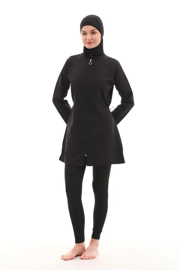 Ensemble 4 pièces : maillot de bain intégral imperméable effet parachute avec legging et bonnet double.