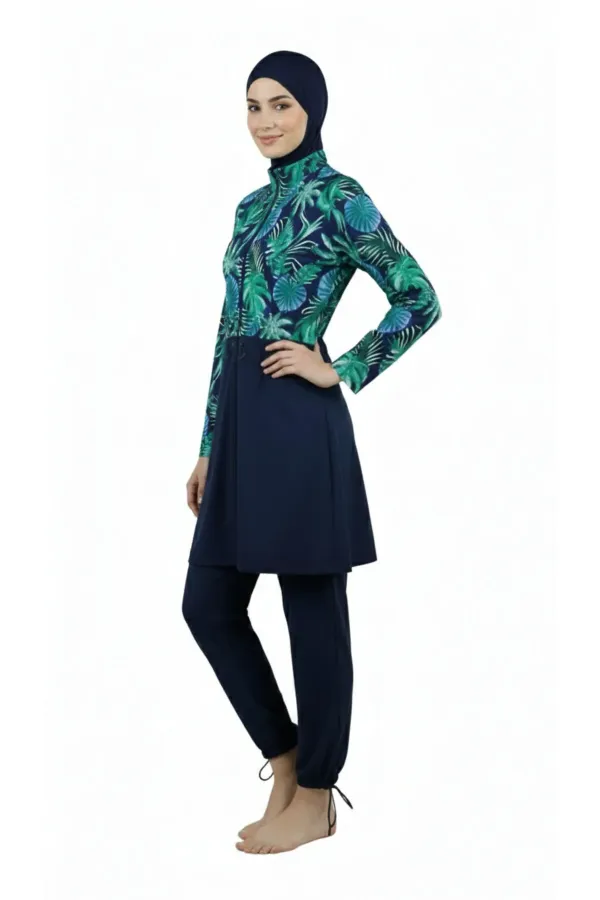 Water-repellent parachute modest swimsuit, green.