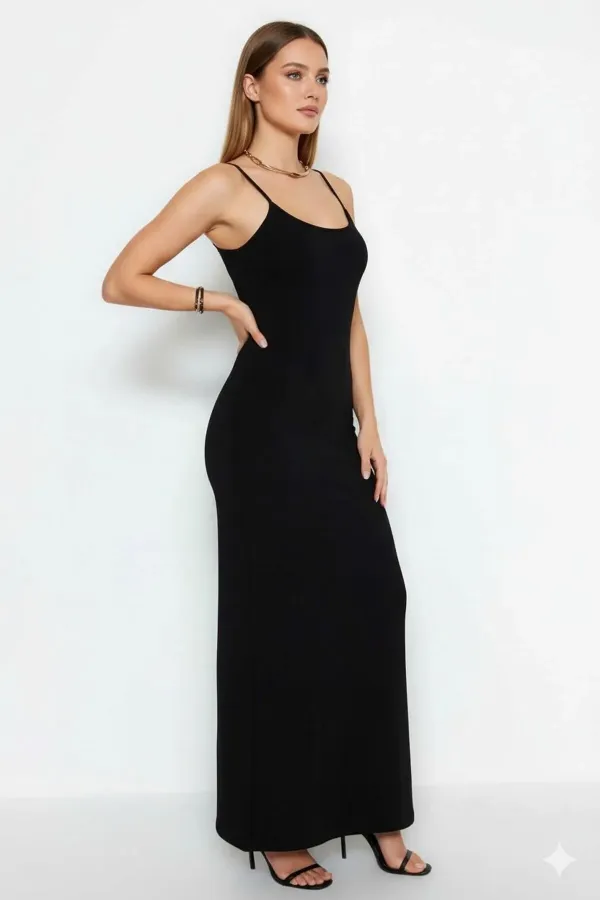Ayarlanabilir Askılı Vücuda Oturan Maxi Elbise Siyah