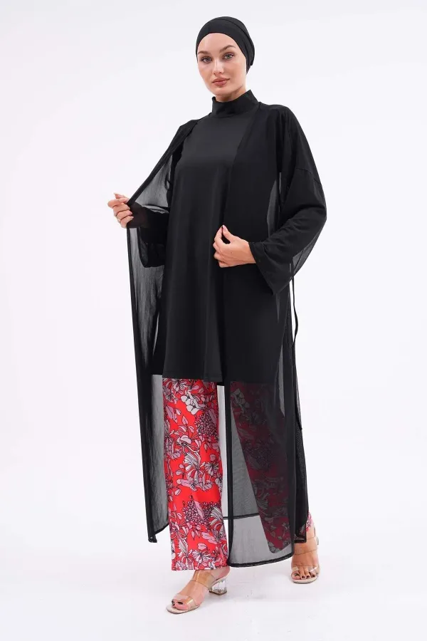 Paréo en tulle noir couvrant entièrement le maillot de bain hijab, tissu lycra