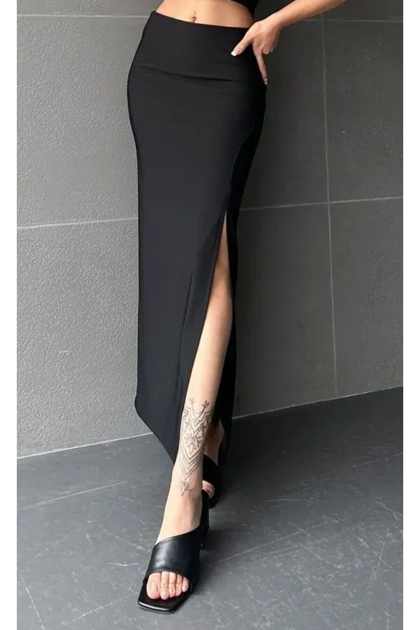 Jupe longue noire fendue, jupe en lycra noir doux au toucher, cygne