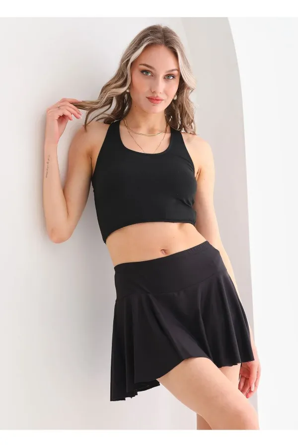 Kadın Siyah Volanlı Bikini Altı Deniz Eteği