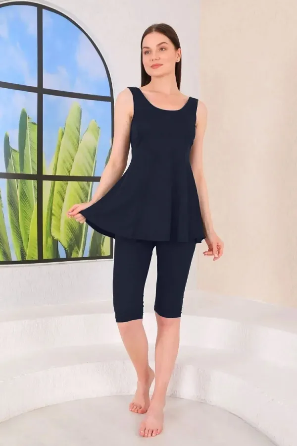 Askılı Taytlı Yarı Kapalı Elbise Parçalı Mayo Lacivert