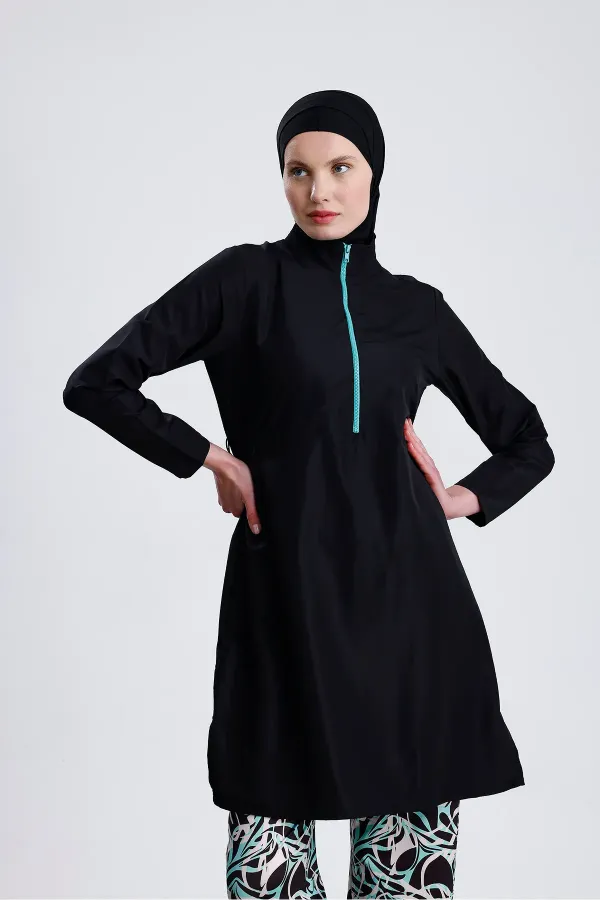 Paraşüt Kumaş Fermuarlı Tesettür Mayo Desenli Likralı Pantolonlu Su İticili