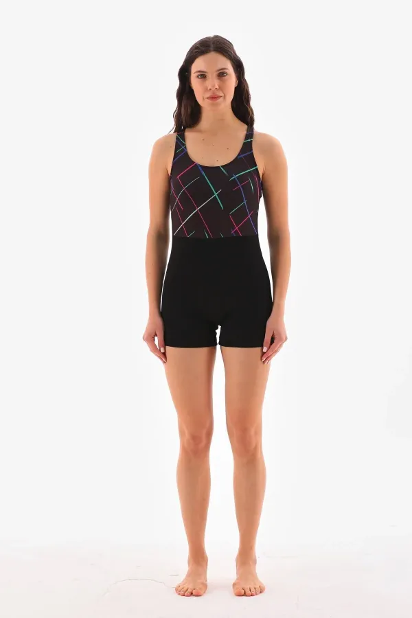 Desenli şortlu tulum mayo yüzücü mayosu