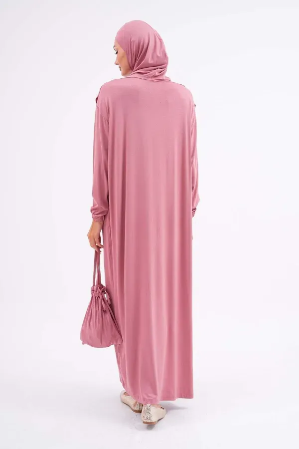 Pamuklu Çantalı Namaz Elbisesi Bilekleri Lastikli Tesettür Elbise