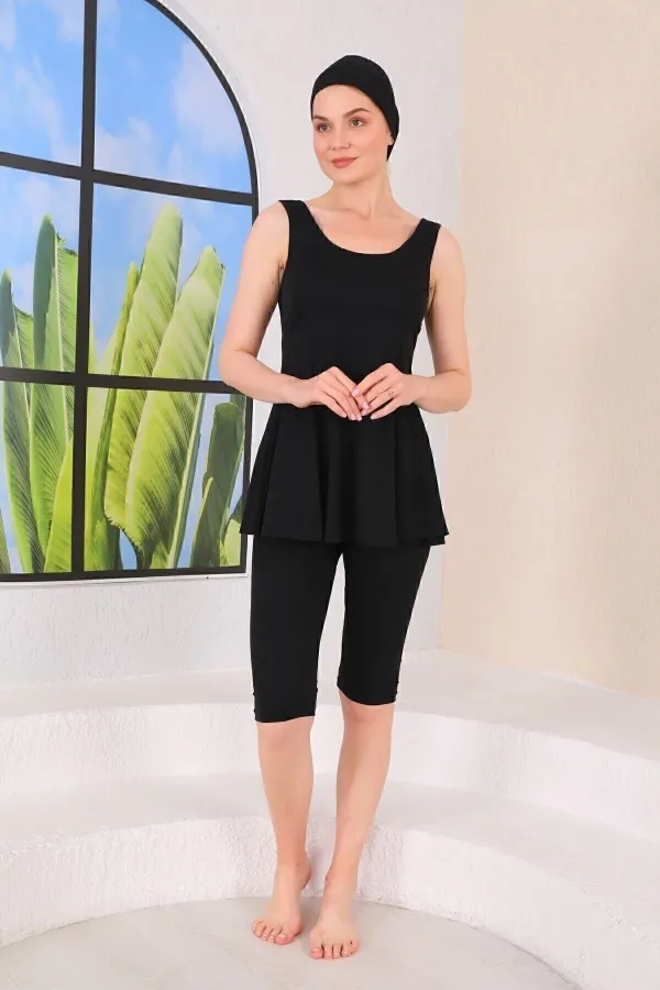 Askılı Taytlı Yarı Kapalı Elbise Parçalı Mayo Siyah