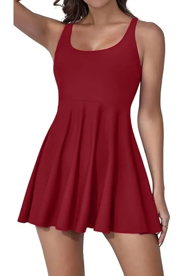 Likralı Birleşik Şortlu Elbise Mayo Mürdüm