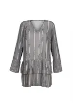 Basklılı Uzun Bluz - Vizon