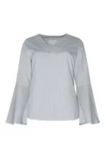 Çizgili Kolu Volan Bluz - Siyah