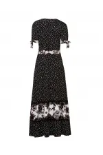 Maxi Dantelli Çiçek Baskılı Elbise - Siyah